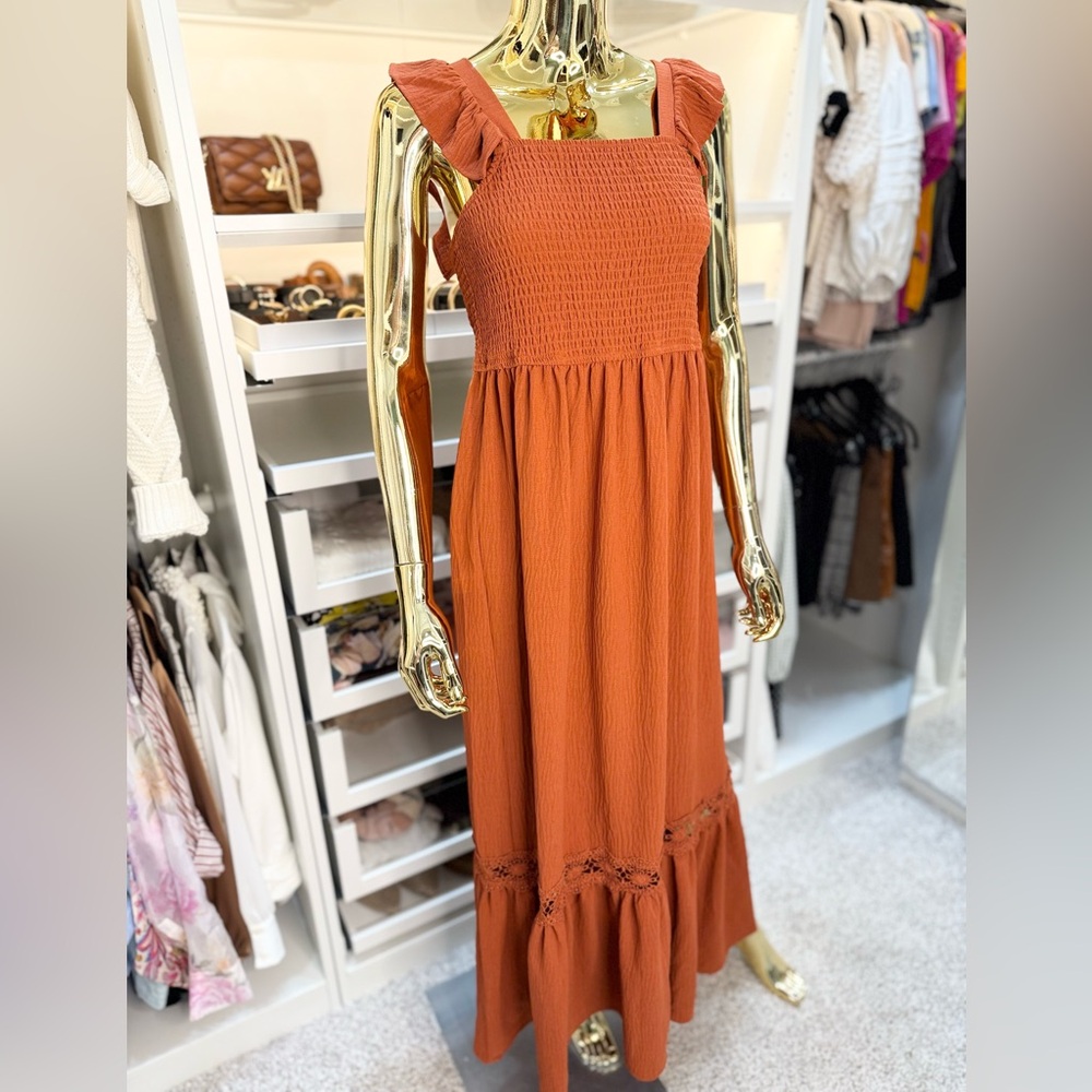 No Comment Rust/Burnt Orange Fall Vibes Flowy Maxi Dress Size M